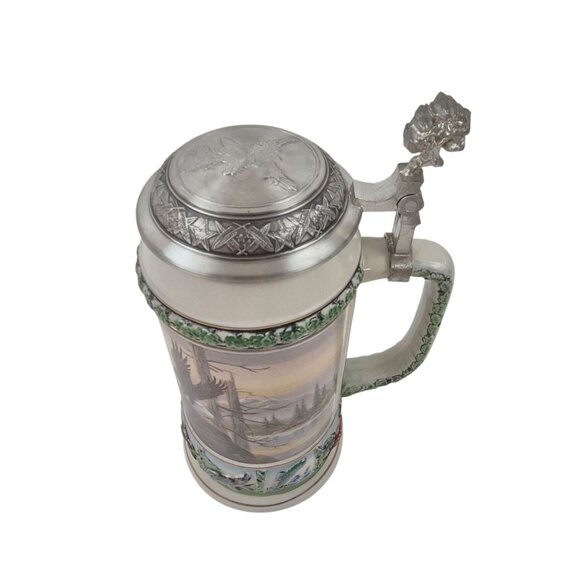 Domex Beer Stein Pewter Flip Lid Stoneware Body Eagles Gold Trim Vintage - Picture 2 of 7